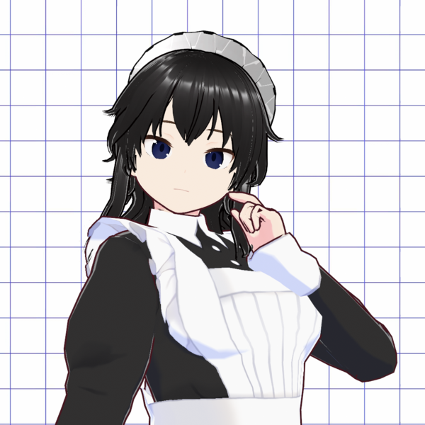 3d model of anime girl in maid clothes on white background with dark blue grid lines. Girl has medium long black hair partially as ponytail and dark blue (indigo?) eyes.