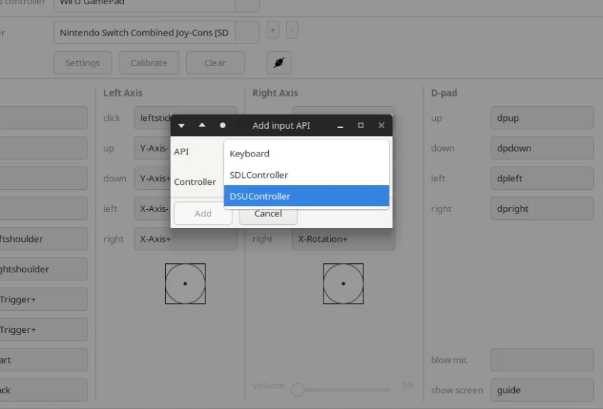 Screenshot of dropdown menu with DSU Controller selecter