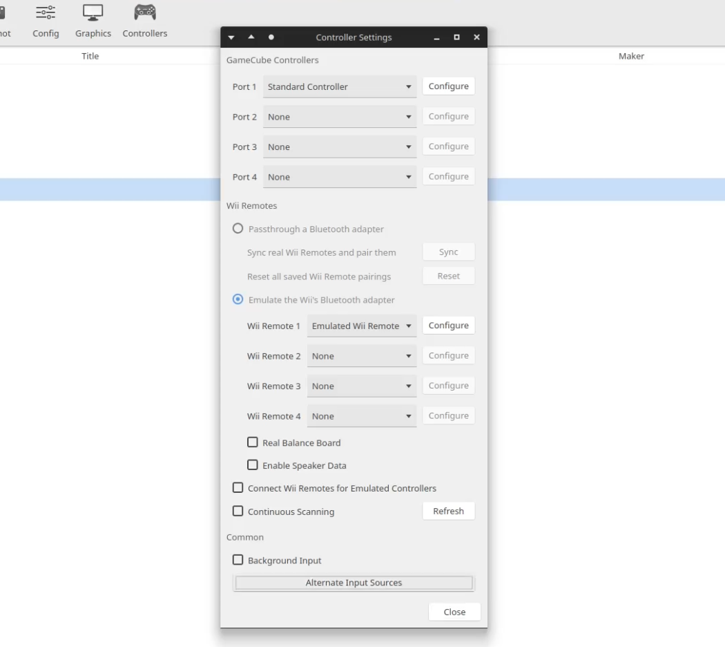 Screenshot of controllers menu in cemu with Alternative Input Sources button in focus