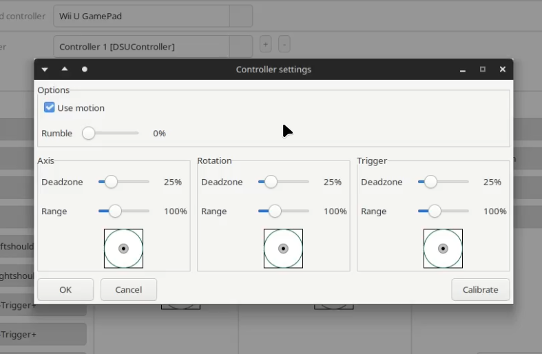 Screenshot of settings in input menu in cemu with motion controls checkmark checked