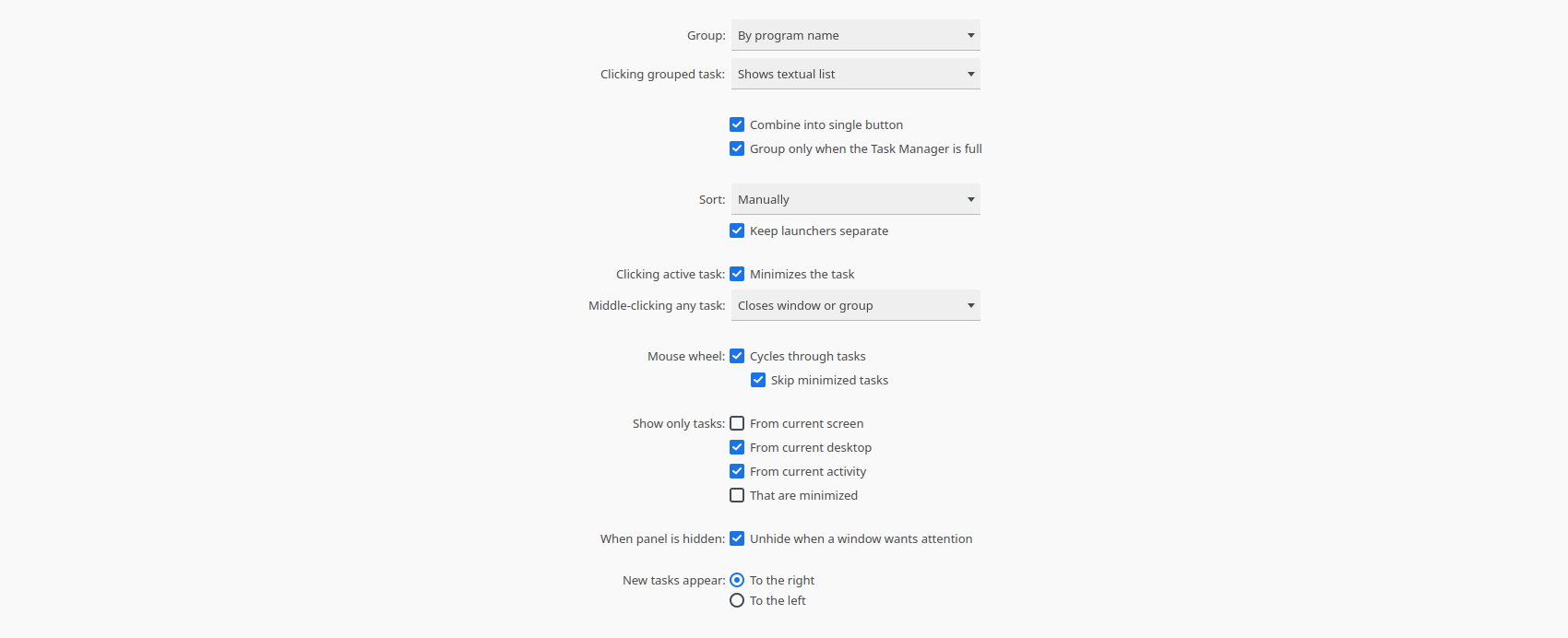 Screenshot showing Behavior settings - By program name, Shows Textual list, Combine into a single button, Group only when task manager is full, Manually, Keep launchers separate, Minimizes the task, Closes Window or group, Cycles through tasks, Skip minimized tasks, From current desktop, from current activity, Unhide when a window wants attention, To the right 