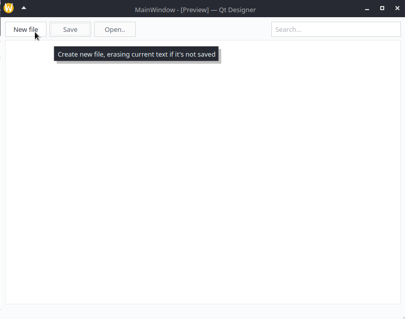 Notepad window, buttons are named New file, Open and Save, Search bar has placeholder text 'Search...' with tooltip for new file button saying 'Create new file, erasing current text if it's not saved'.