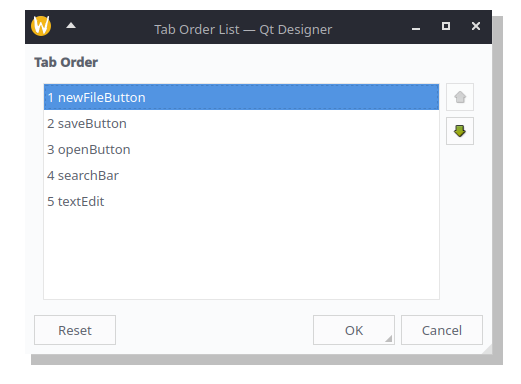 Tab order list window with ordered list of widget