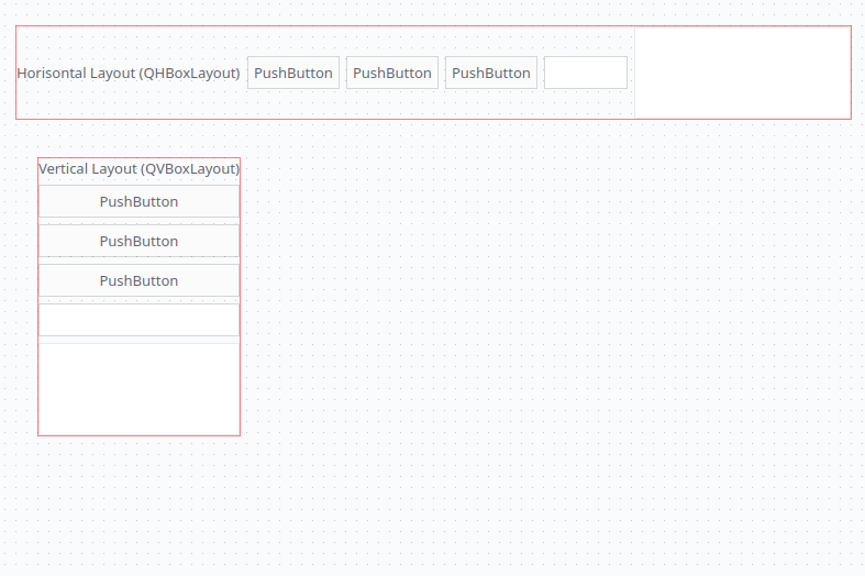 Вертикальная раскладка (QVBoxLayout) располагает виджеты один за другим по вертикали, а горизонтальная (QHBoxLayout) - по горизонтали.