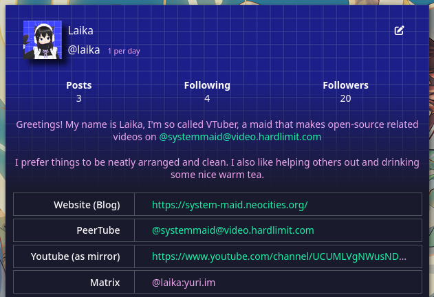 Скриншот моего нового профиля на Akko.wtf. Здесь показан мой аватар, имя Laika, логин @laika, 3 поста, 4 фолловера, 20 подписчиков и описание: “Приветствую! Меня зовут Лайка, я так называемый VTuber, горничная, которая делает видео, связанные с открытым исходным кодом на @systemmaid@video.hardlimit.com Я предпочитаю, чтобы вещи были аккуратно устроены и чисты. Мне также нравится помогать другим и пить теплый чай”. Здесь также есть несколько ссылок на мой блог и другие аккаунты